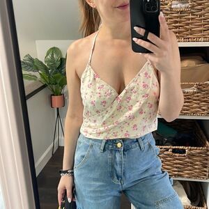 EUC Zara Halter Silk-Like Backless Floral Top Small